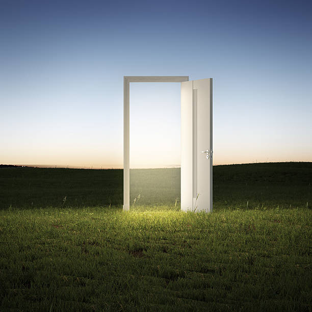 istock illuminated  door in a green field 478082811