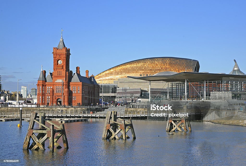 Cardiff city skyline View of Cardiff city skyline from across the bay showing the Pier head building National Assembly for Wales and the millennium centre against a blue sky. Cardiff - Wales Stock Photo