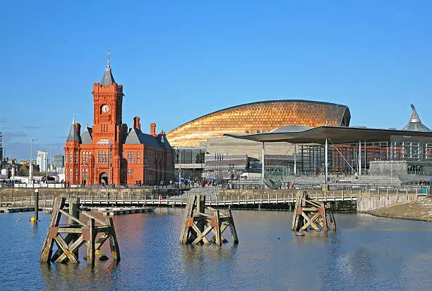 View of Cardiff city skyline from across the bay showing the Pier head building National Assembly for Wales and the millennium centre against a blue sky.