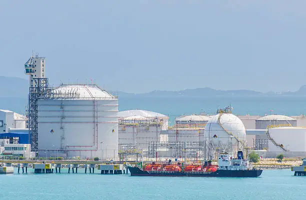 gas-carrier at petrochemical tank farm and jetty