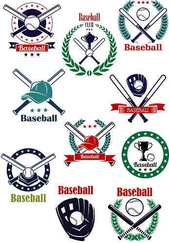 Baseball game green and blue retro emblems with balls, crossed bats, gloves, trophies, caps and home plate decorated with heraldic elements and stars