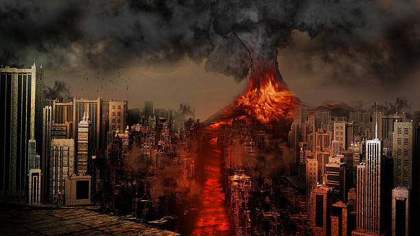 istock Volcano eruption near the city 478093458