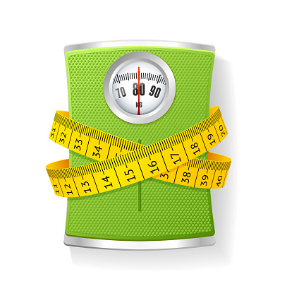 Vector Illustration Weights and tape measure. The concept of weight loss and health care  