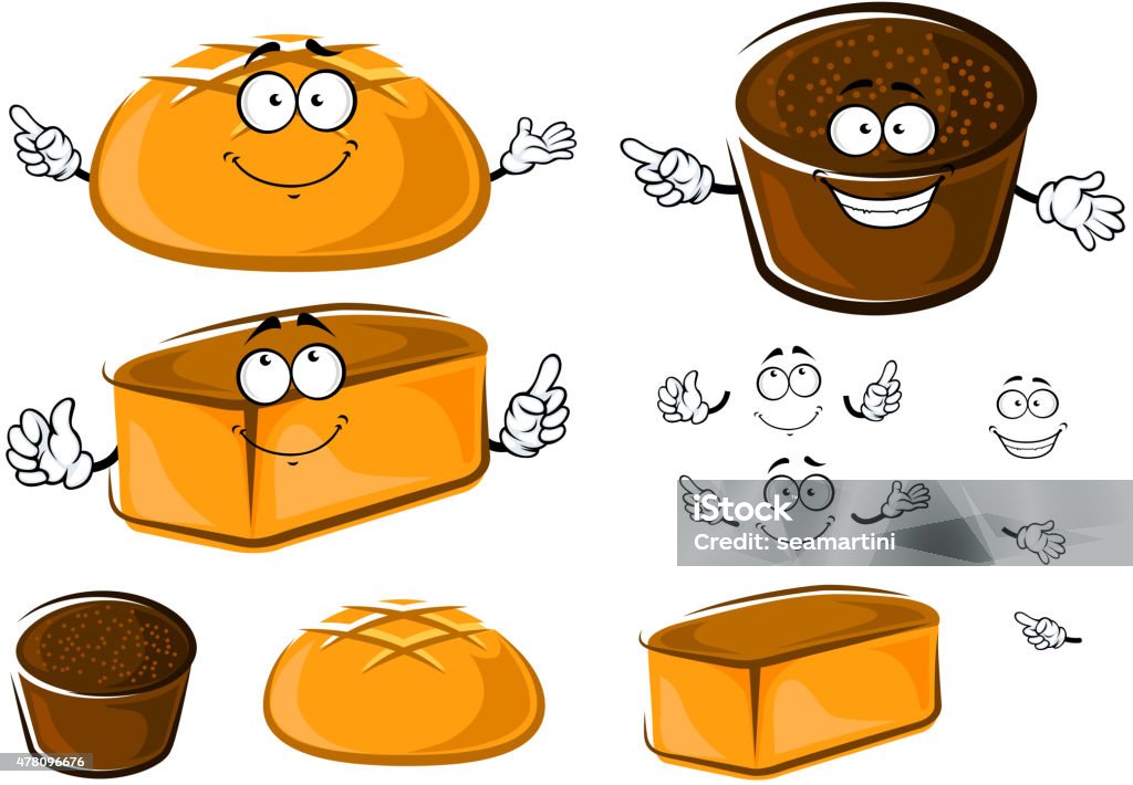 Cartoon wheat and rye brown breads characters Fresh bakery products with homemade bread and round white wheat and brown rye loafs with funny faces for bakery shop  design 2015 stock vector