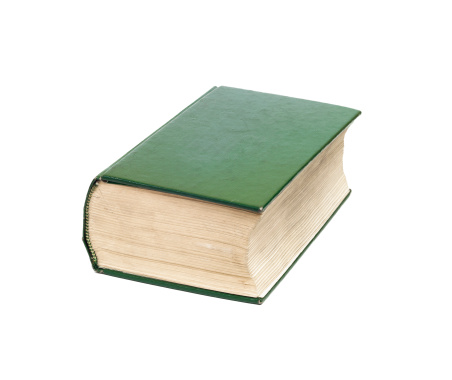 Hardcover book with blank green cover and many pages tall, isolated on a white background.