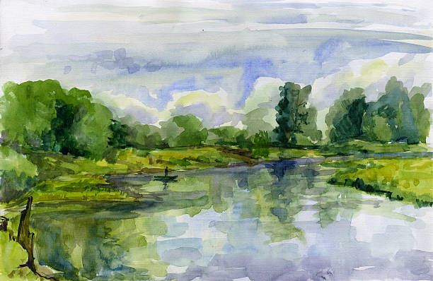 istock summer landscape with a lake in watercolor 478100356