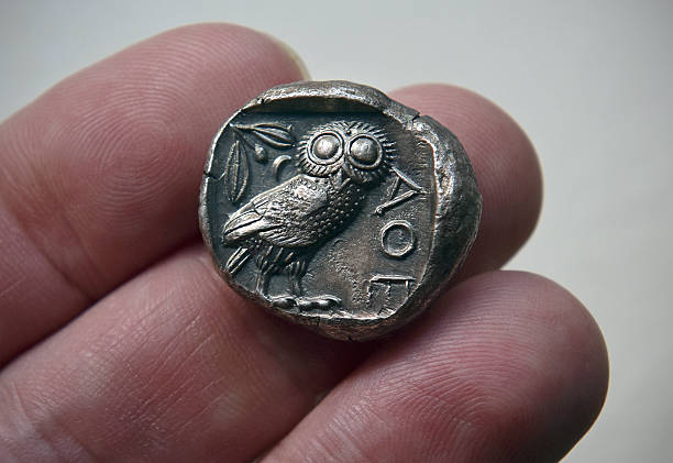 Ancient Owl Coin Ancient Silver Tetradrachm  coin struck at Athens, c. 470 BC. It depict the Owl of goddess Athena ancient coins of greece stock pictures, royalty-free photos & images