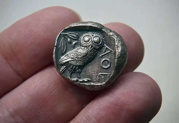 Ancient Silver Tetradrachm  coin struck at Athens, c. 470 BC. It depict the Owl of goddess Athena