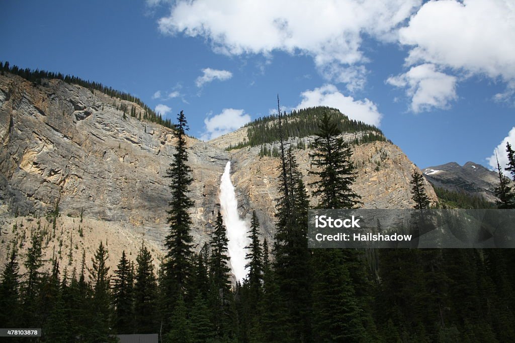 Majestic waterfall Takakkaw Falls is a waterfall located in Yoho National Park, near Field, British Columbia, in Canada. Its highest point is 302 metres (991 ft) from its base, making it the 45th tallest waterfall in western British Columbia. However its true "free-fall" is only 260 metres (850 ft). "Takakkaw", loosely translated from Cree, means something like "it is magnificent". The falls are fed by the Daly Glacier, which is part of the Waputik Icefield. The glacier keeps the volume of the falls up during the warm summer months, and they are a tourist attraction, particularly in late spring after the heavy snow melts, when the falls are at peak condition. The Takakkaw Falls were featured in the 1995 film Last of the Dogmen. 2015 Stock Photo