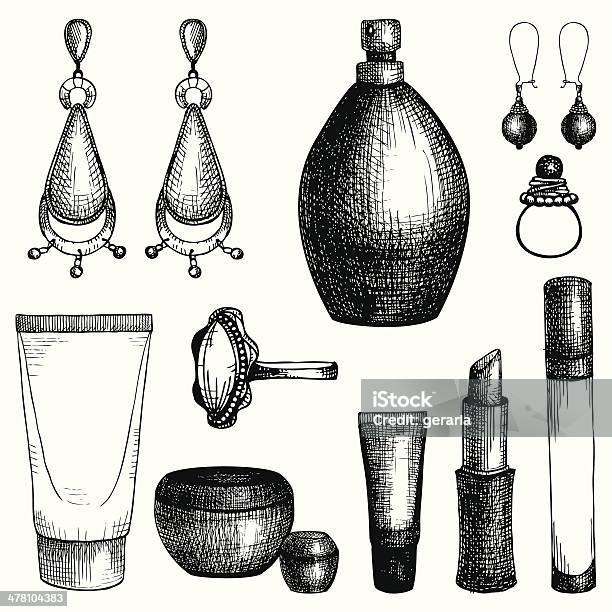 Векторный Набор Графический Черный Косметика И Украшения Элементы — стоковая векторная графика и другие изображения на тему Гравировка