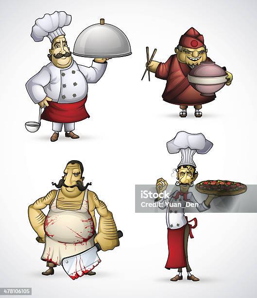 Set Of Four Chefs Stock Illustration - Download Image Now - Adult, Animal Blood, Apron