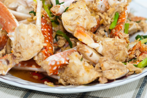 Closeup Chinese glove crab, crab in steamer isolated background