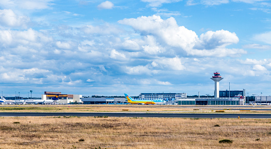 Frankfurt, Germany - June 13, 2015: view to cargo area at Frankfurt international airport in Frankfurt, Germany. With 38 million passengers per year it is one of the most important airport in Europe.