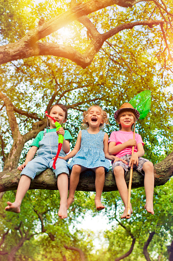 Happy children sitting on a tree bench in park