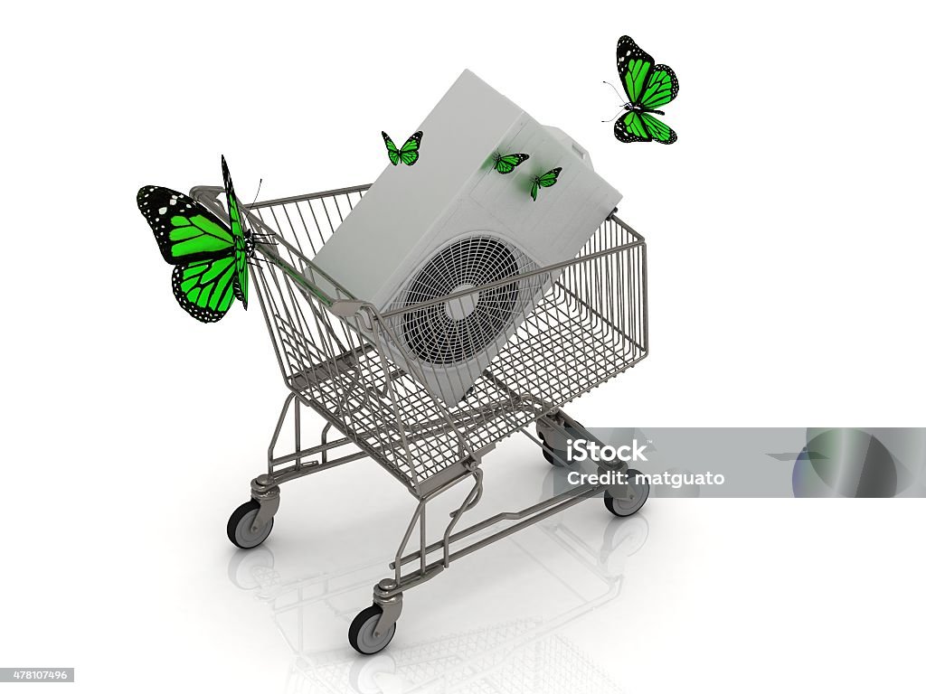 Buying the new conditioner for summer 3D shopping trolley (basket) in high definition. Buying the new conditioner for summer. Isolated on a white background with green butterfly 2015 Stock Photo