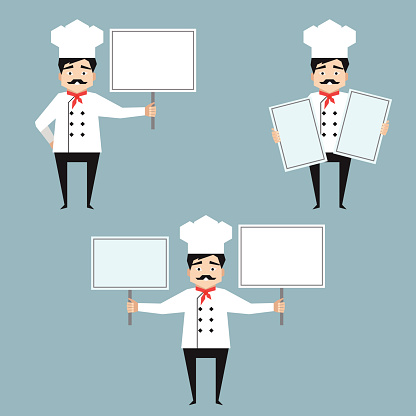 Chef characters holding white banners flat vector illustration