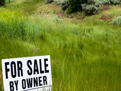 Image of grassland blowing in the wind with a sign posted saying that is it for sale by owner.  The sign is simple and black and white.  The grass is long, waving in the wind, and bright green.