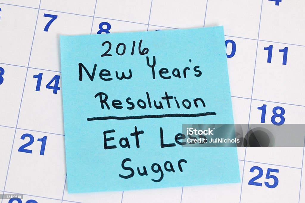 New Years Resolution to Eat Less Sugar New Years 2016 Resolution resolution to Eat Less Sugar written  on a sticky note. The memo note is stuck to a calendar page. Shot in studio with Canon 5D Mark II DSLR camera. 2015 Stock Photo