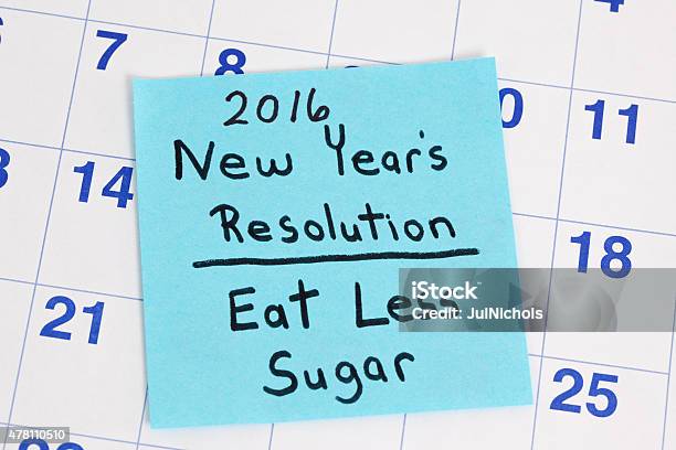 New Years Resolution To Eat Less Sugar Stock Photo - Download Image Now - 2015, 2016, Adhesive Note
