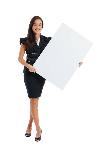 istock Young woman holding at blank card in her hand 478115949