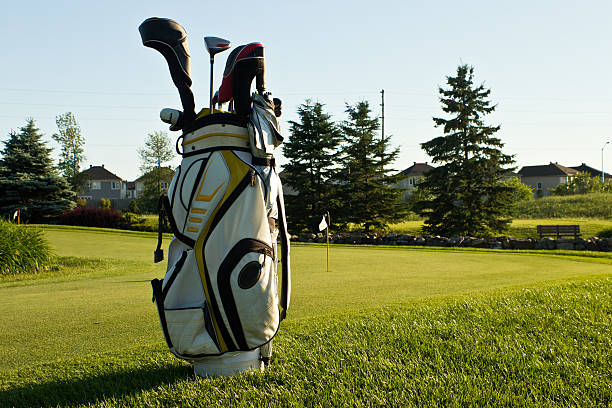 Golf bag on the course stock photo