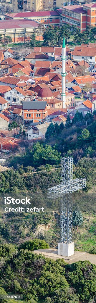 Cross and mosque, religion concept Cross and mosque. Vertical panorama of christian and islamic symbols of faiths in a line 2015 Stock Photo