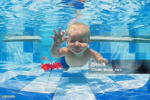 Child Swimming Underwater For A Red Flower In The Pool Stock Photo - Download Image Now