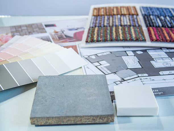 Interior color samples plan with   cement board, carpet and furn stock photo