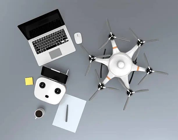 Top view hexacopter, remote controller, laptop computer. 3D rendering image.