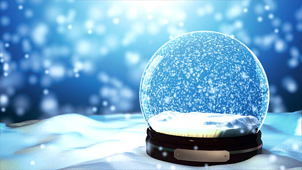 Christmas Snow globe Snowflake with Snowfall on Blue Background Christmas Snow globe Snowflake close-up snow globe photos stock pictures, royalty-free photos & images