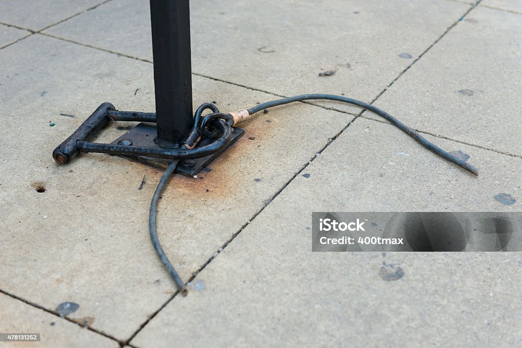 Bike Theft A cut bike lock left on a rack. Bicycle Lock Stock Photo