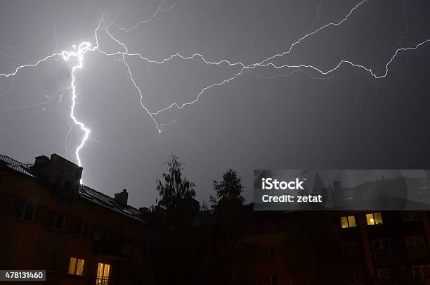 Thunder Lighting Bolt Onnight Sky Stock Photo - Download Image Now - 2015, Abstract, Backgrounds