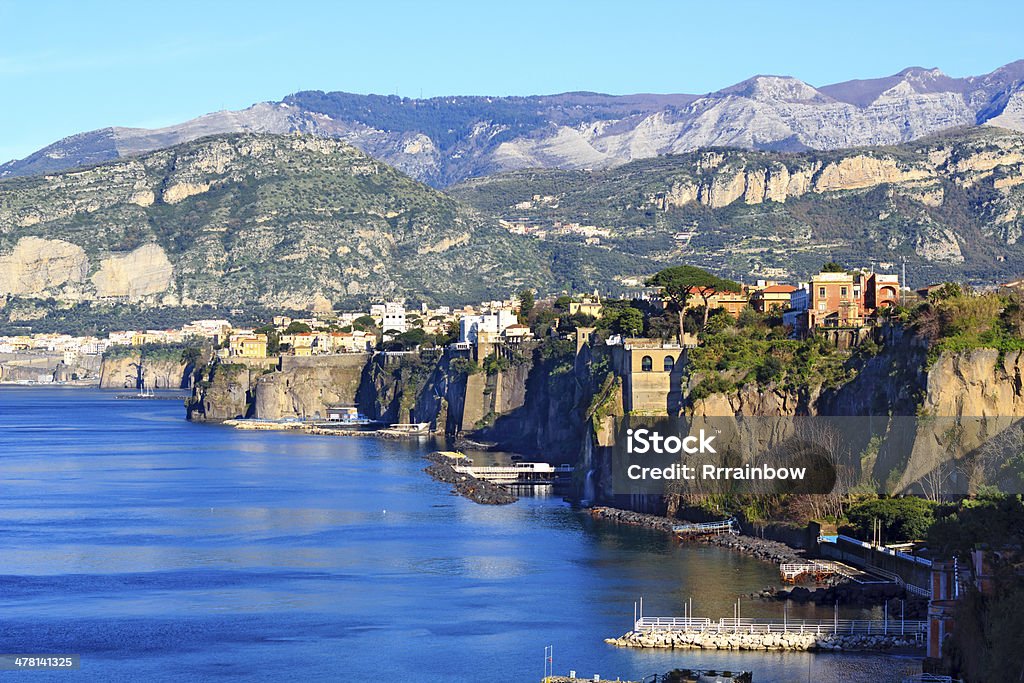 Sorrento, Italy Landscape of the Sorrento town nea Naples, one of the most beautiful places of the Amalfi coast, with sea foreground and mountains background Hill Stock Photo