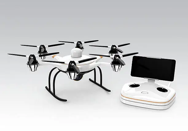 Hexacopter and remote controller isolated on gray background. RC controller docking with smartphone. 3D rendering image with clipping path.