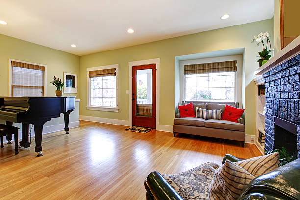 istock Yellow living room with piano and fireplace. 478144761