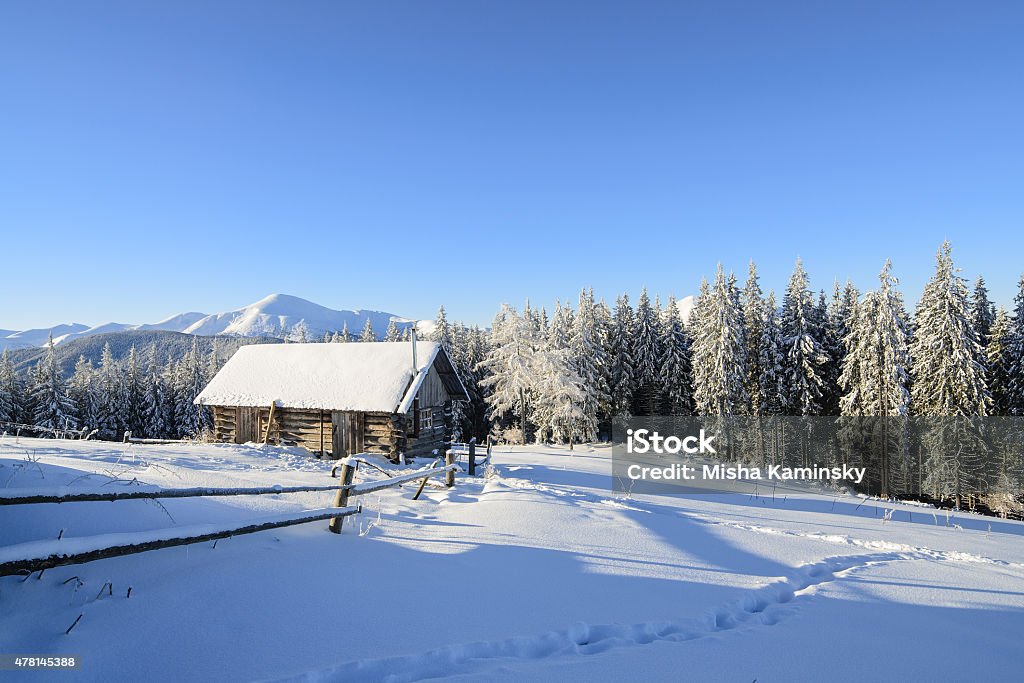 Winter morning Frosty winter morning in mountain village 2015 Stock Photo