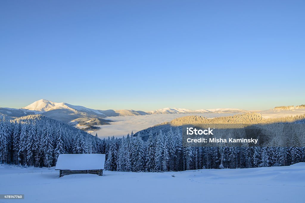 Winter morning Frosty winter morning in mountain village 2015 Stock Photo