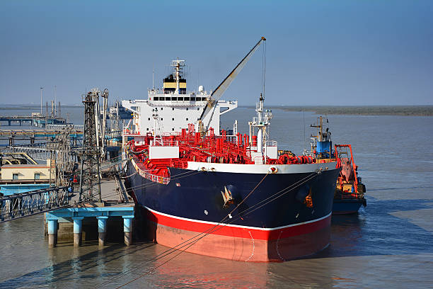 chemical tanker in the port for loading and bunkering operation stock photo
