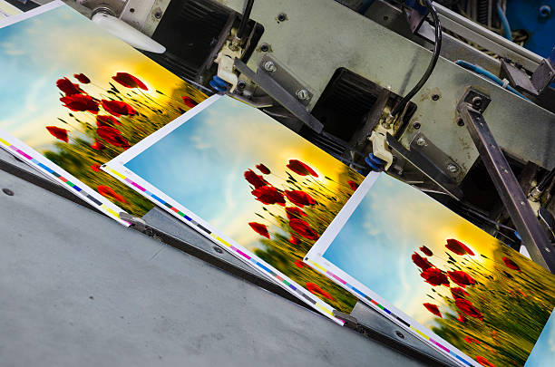 unidad de compensación de presión de máquina con revista en las materias primas - printout industry printer workshop fotografías e imágenes de stock