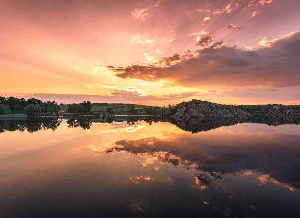 istock Beautiful summer sunset at the river with colorful sky 478157554