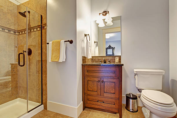 istock Bathroom interior with glass door shower 478163040