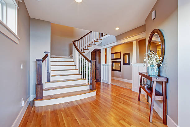 istock Bright hallway with wooden staircase 478163058