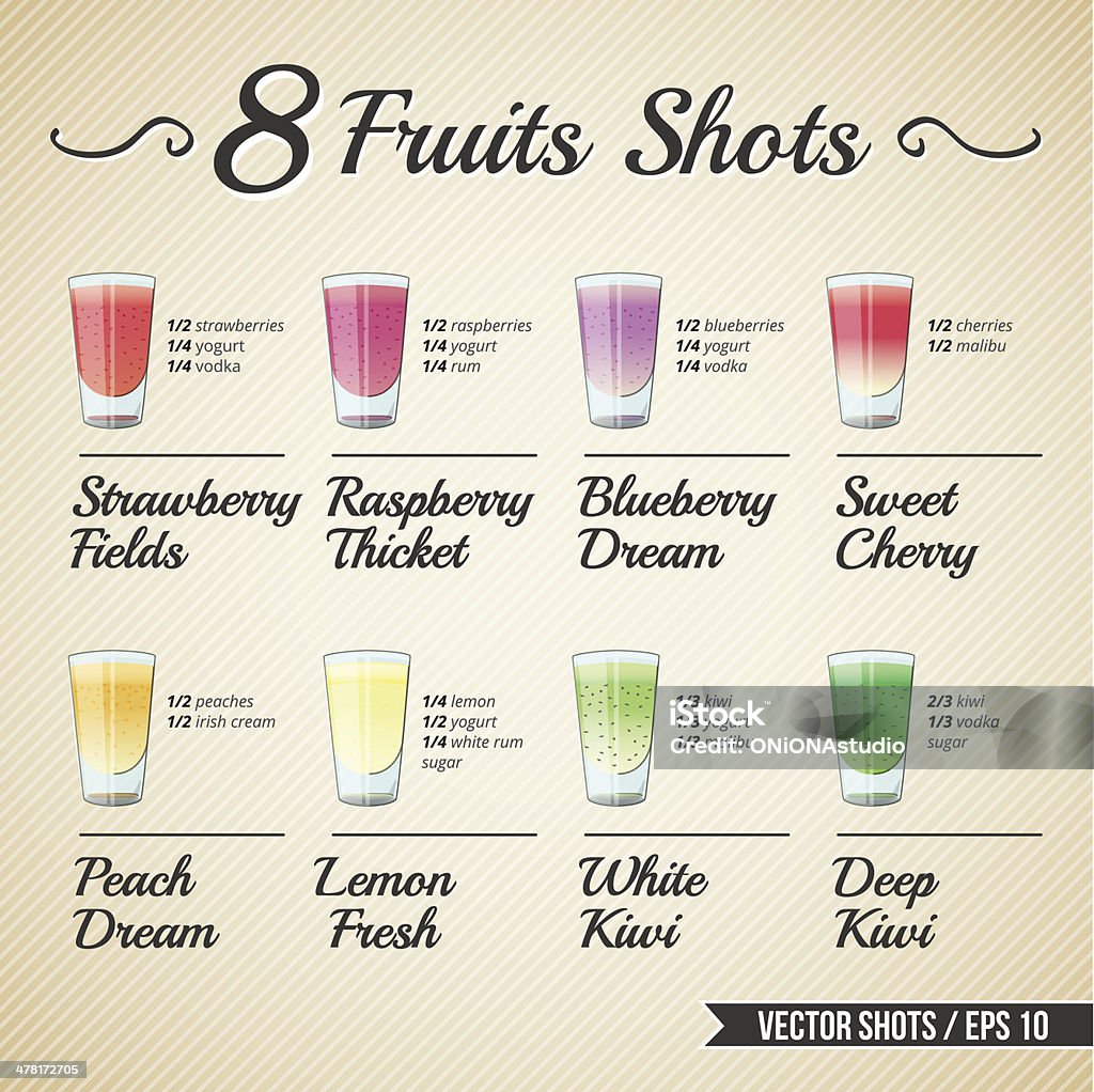 FRESH FRUIT SHOTS SET Fruits alcohol shots recipes and vector illustrations on vintage background. Blackberry - Fruit stock vector