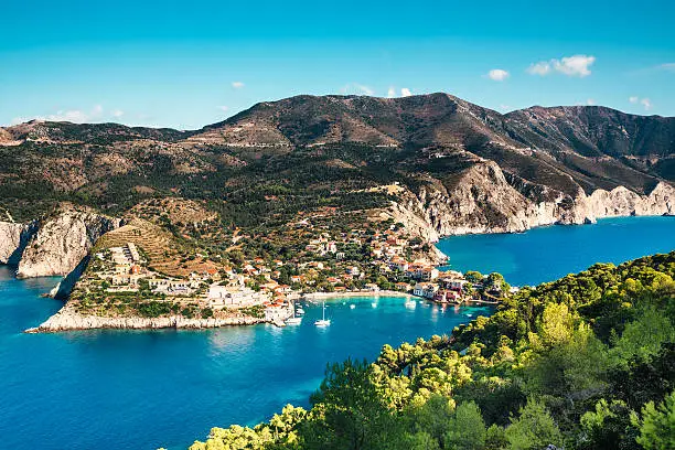 View from above on village Assos (Kefalonia Island, Greece).