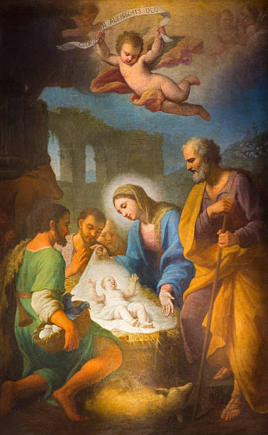 Rome - The painting of Nativity from 18. cent. Rome - The painting of Nativity in side chapel of Basilica di Santa Maria in Trastevere by Stefano Parrocel (1696 - 1776). jesus christ birth stock illustrations
