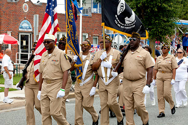 Wildwood, New Jersey, USA - June 20, 2015: Honor Guard marching at Veterans of Foreign Wars (VFW) annual parade in Wildwood, New Jersey