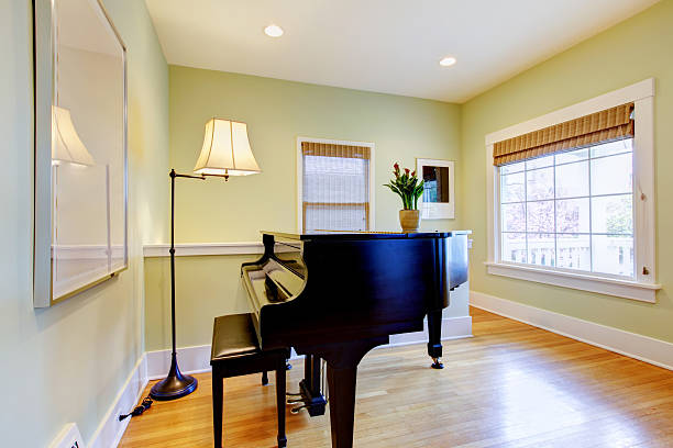 istock Living room with black piano and large window. 478196487