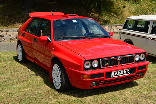 Jersey, U.K.- June 6, 2015: A rally spec classic Italian Lancia Delta Integrale from the 1980's on display at West Park for Jersey's car festival.