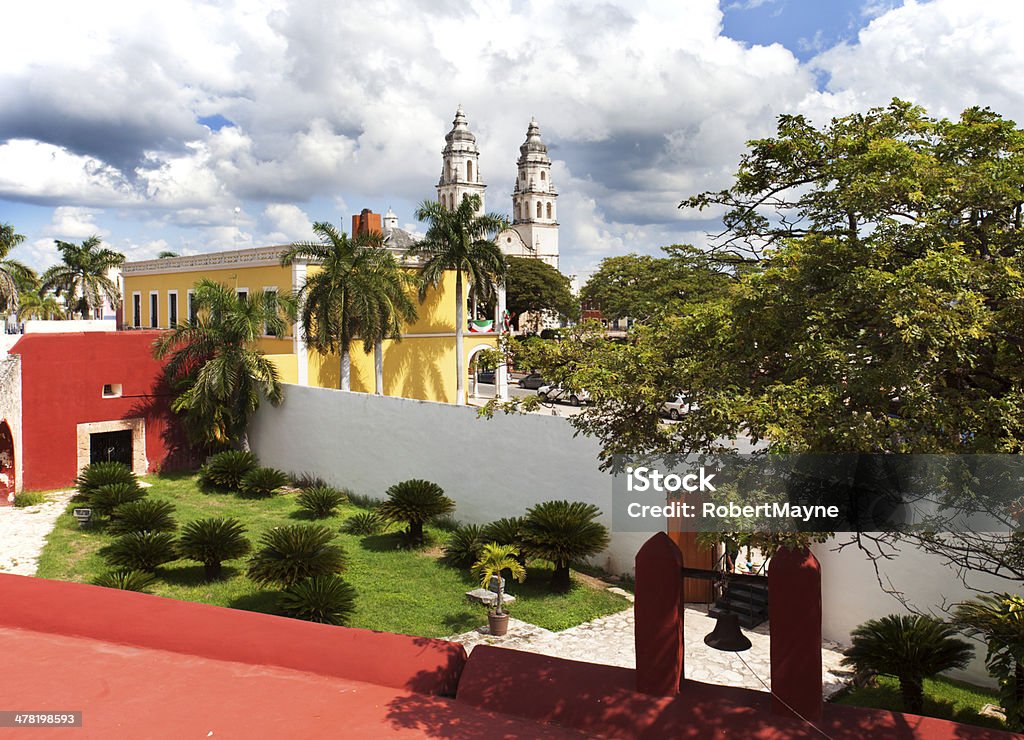 San Francisco de Campeche Photograph of San Francisco de Campeche from the old town wall, looking over independence park and Campeche Cathedral. Campeche Stock Photo