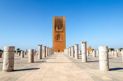 Tour Hassan (Hassan Tower) is a partially built mosque minaret overlooking the Atlantic Ocean in Moroccan capital city of Rabat.  Construction on the minaret began in 1195 under the orders of Yacoub al-mansour with work stopping after his death in 1195.